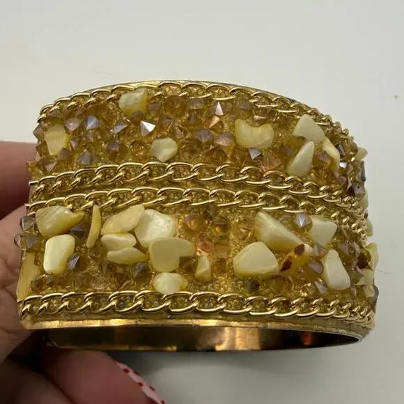 Vintage Gold‑Tone Beaded Bangle • Cream Resin & Amber Rhinestones • 2.75” Diam - Picture 8 of 9